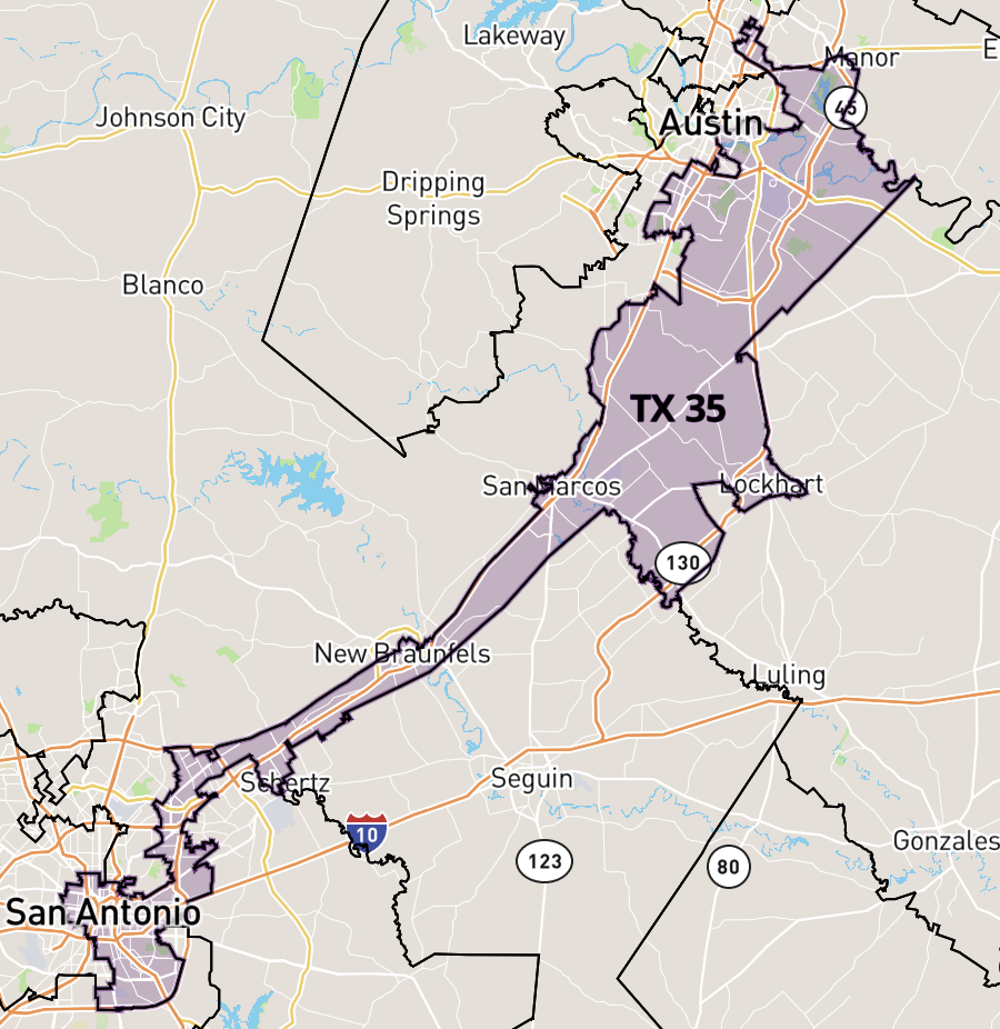 A map of TX-35 Congressional district, a key example of a gerrymandered district