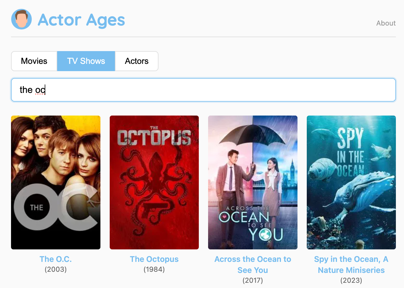 A screenshot of the Actor Ages project showing the actors and their respective ages from the S1E1 Premiere episode of The O.C.