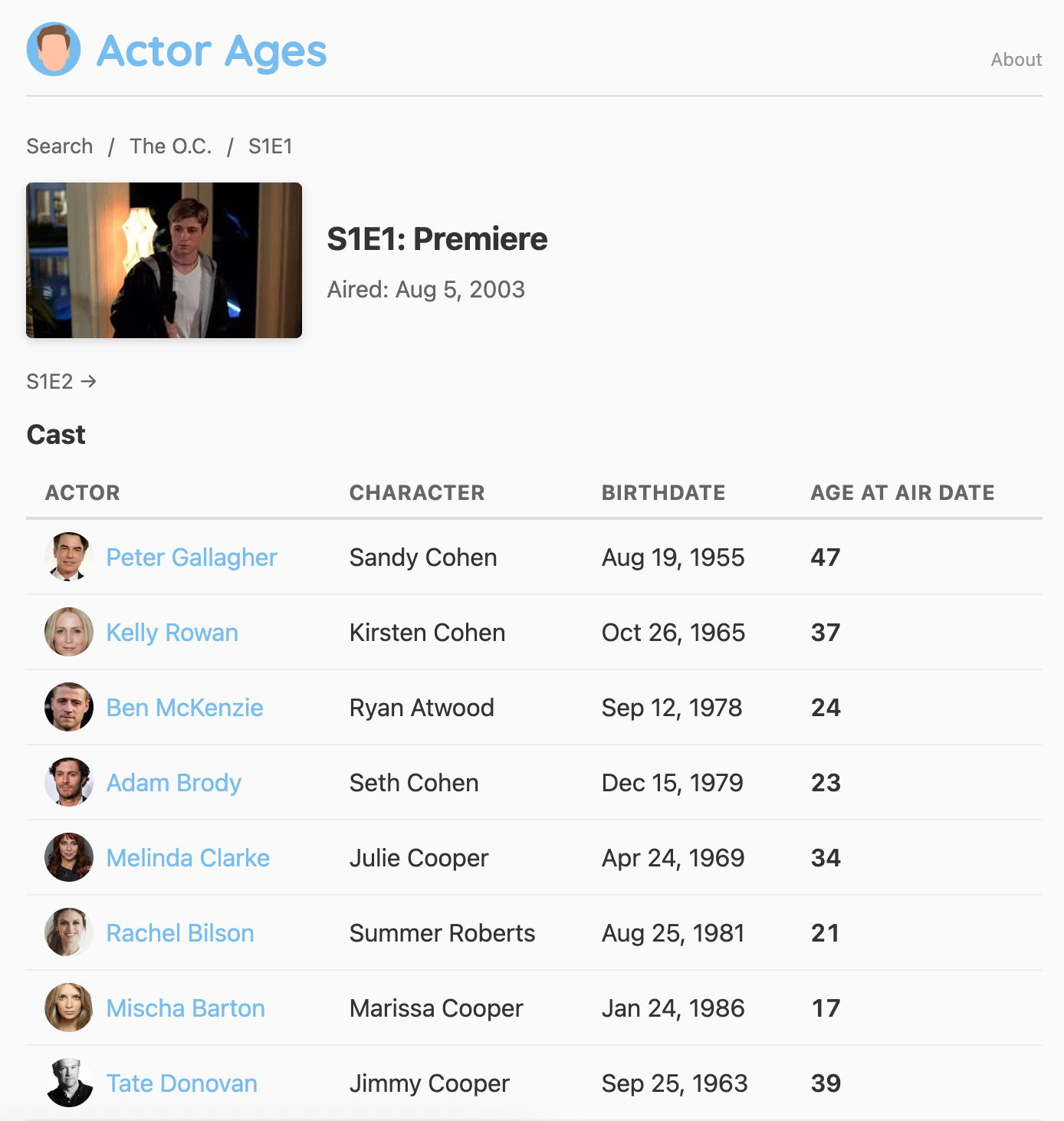 A screenshot of the Actor Ages project showing search results (including posters and release years) for TV shows matching to the oc