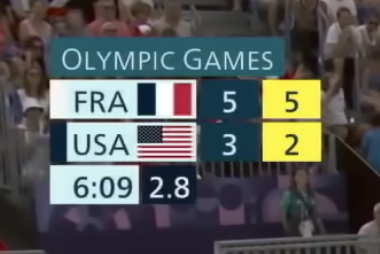 **3x3 Basketball**: Graphic shows the main score (5 for FRA, 3 for USA), plus # of fouls, total time remaining, and shot clock time remaining