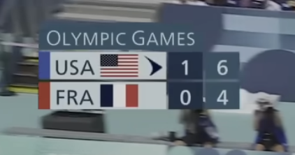 **Beach Volleyball**: Graphic shows game score (USA 6 vs. FRA 10) plus the number of sets won