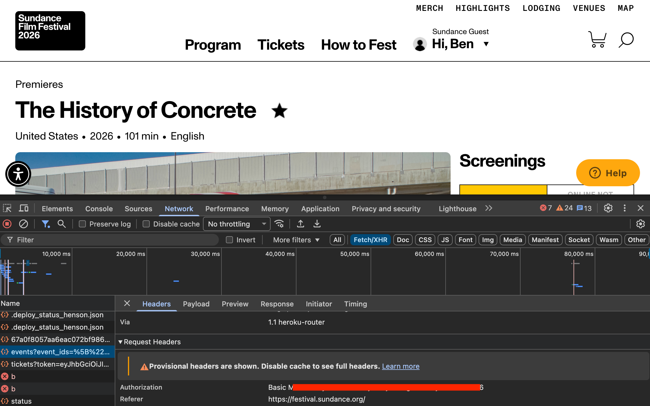 A screenshot of the Sundance Film Festival website with the Network inspector panel open, showing details of the requests made to the SFF `events` API, including the Authorization token