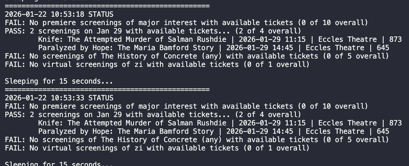 A screenshot of the logs from my code showing two available screenings on January 29