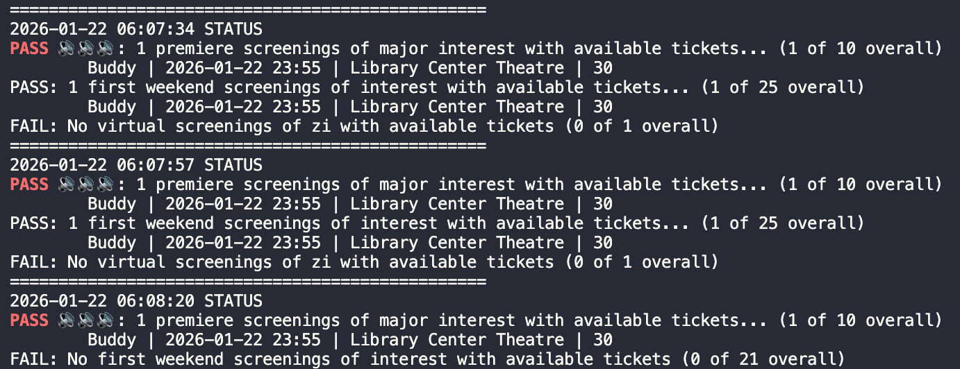A screenshot of the logs from my code showing a premiere screening for Buddy with emojis indicating it played sound